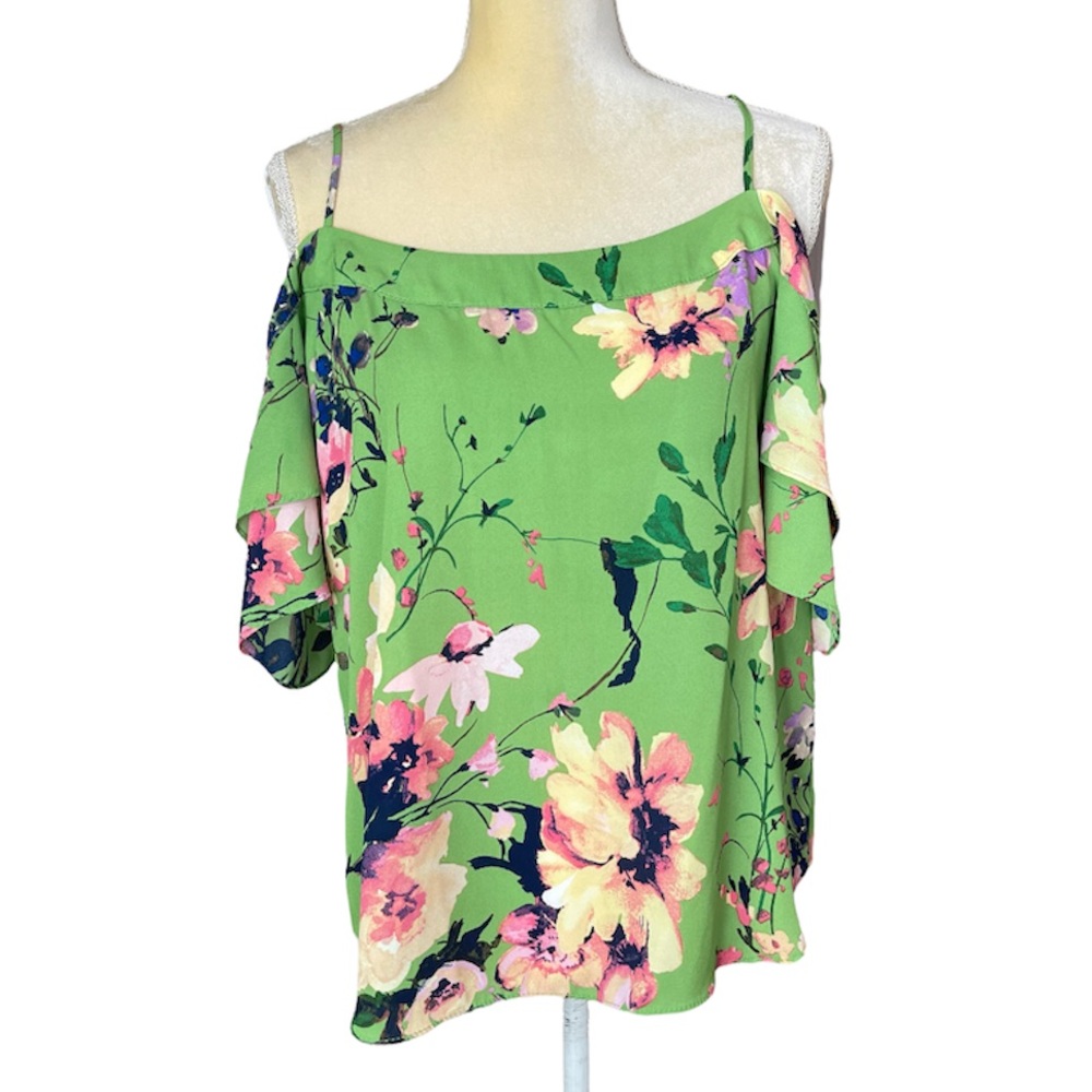 Green Floral Cold-Shoulder Blouse with Spaghetti Straps